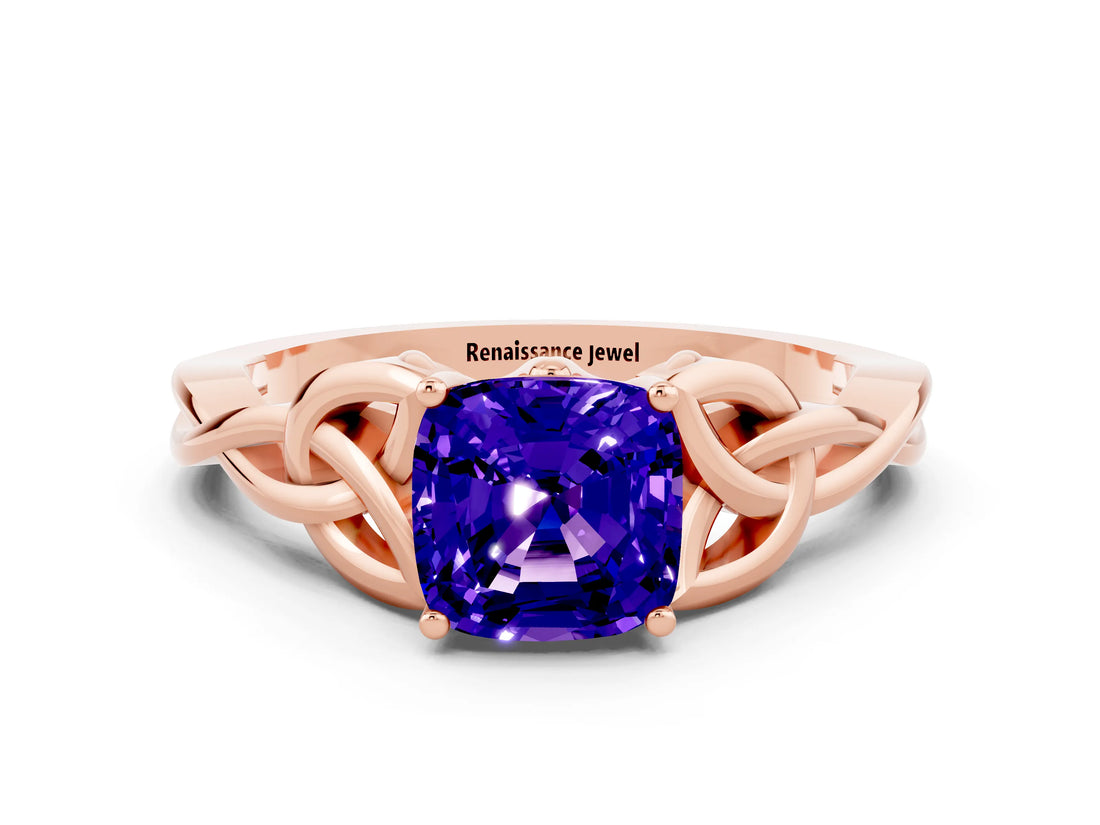 Rose gold Cushion Cut Tanzanite Solitaire Celtic Knot Ring with Four-Prong Setting_12