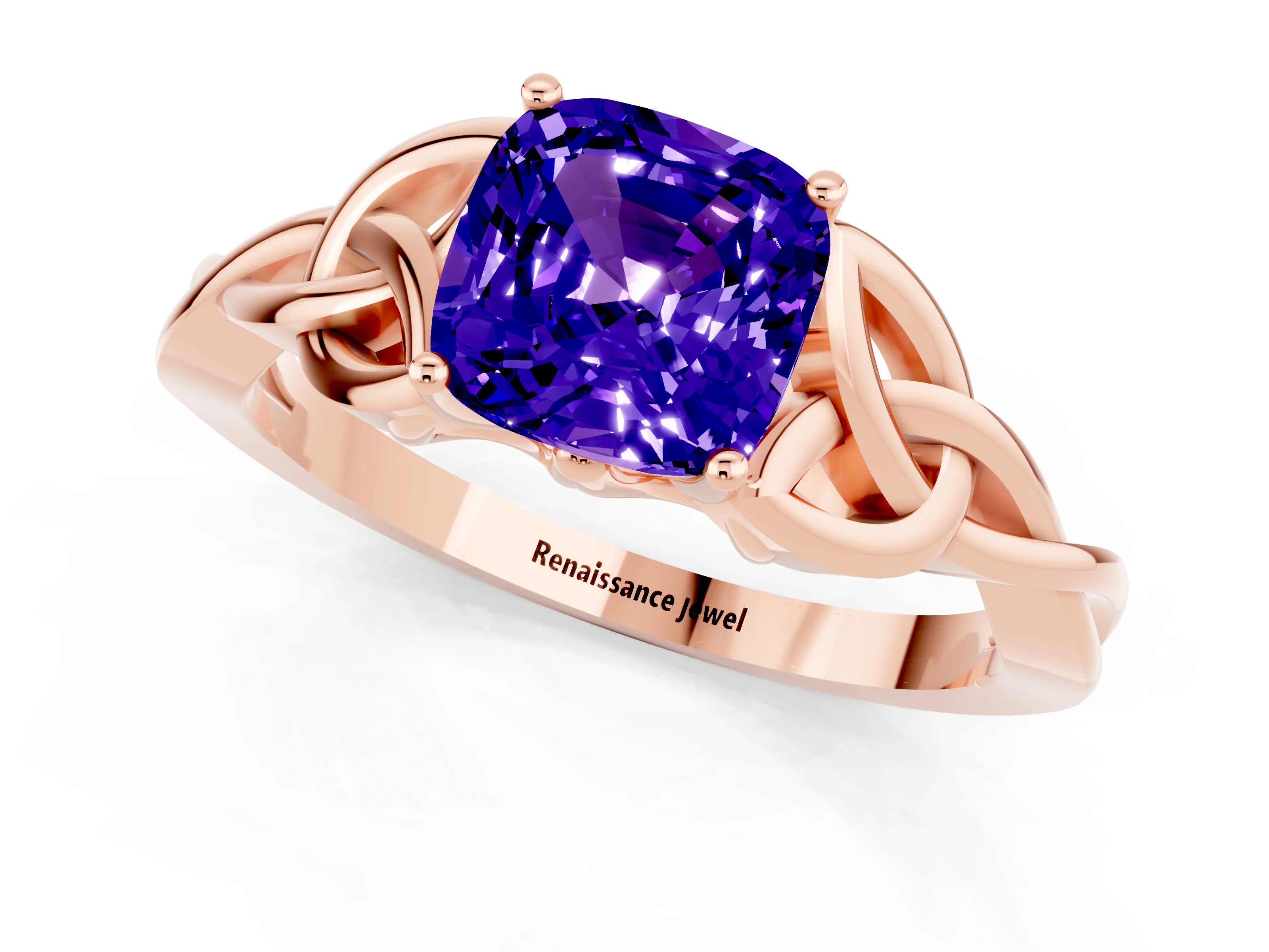 Rose gold Cushion Cut Tanzanite Solitaire Celtic Knot Ring with Four-Prong Setting_13