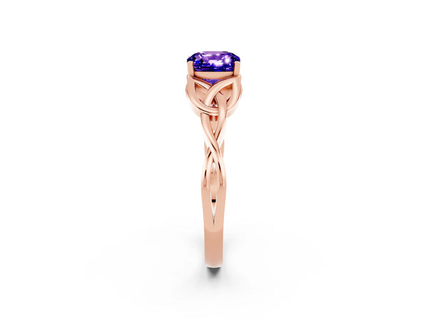 Rose gold Cushion Cut Tanzanite Solitaire Celtic Knot Ring with Four-Prong Setting