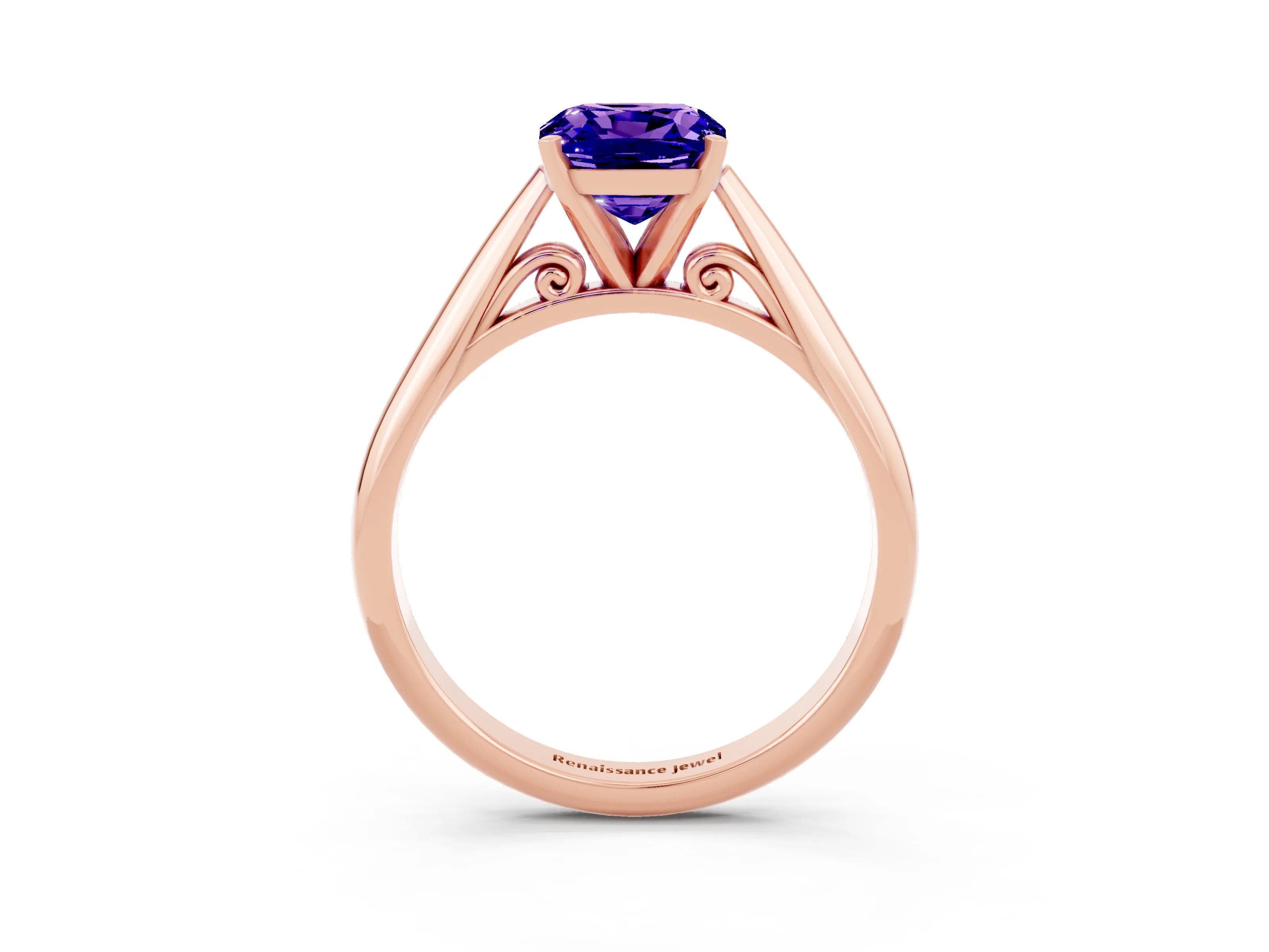 Rose gold Cushion Cut Tanzanite Solitaire Engagement Ring with Cathedral Setting and Four-Prong Mount_15