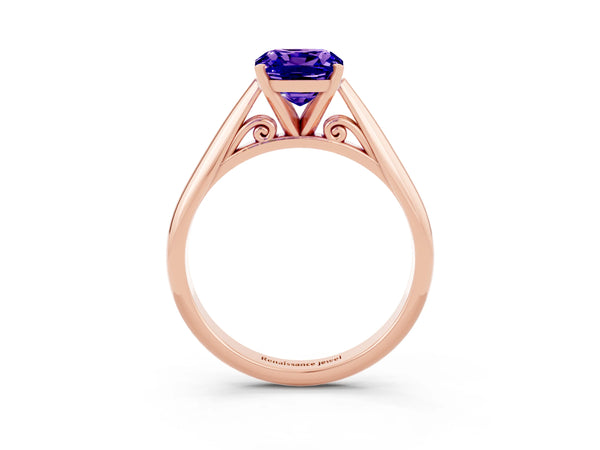Rose gold Cushion Cut Tanzanite Solitaire Engagement Ring with Cathedral Setting and Four-Prong Mount