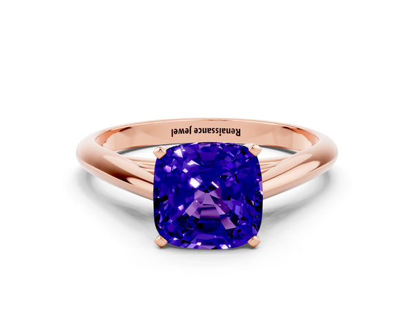 Rose gold Cushion Cut Tanzanite Solitaire Engagement Ring with Cathedral Setting and Four-Prong Mount