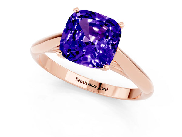 Rose gold Cushion Cut Tanzanite Solitaire Engagement Ring with Cathedral Setting and Four-Prong Mount
