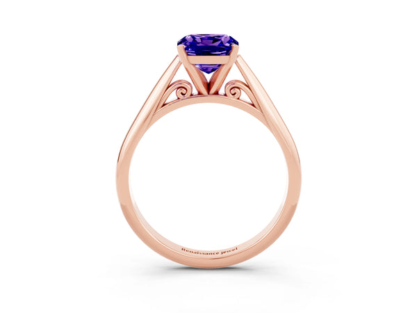 Rose gold Cushion Cut Tanzanite Solitaire Engagement Ring with Cathedral Setting and Four-Prong Mount