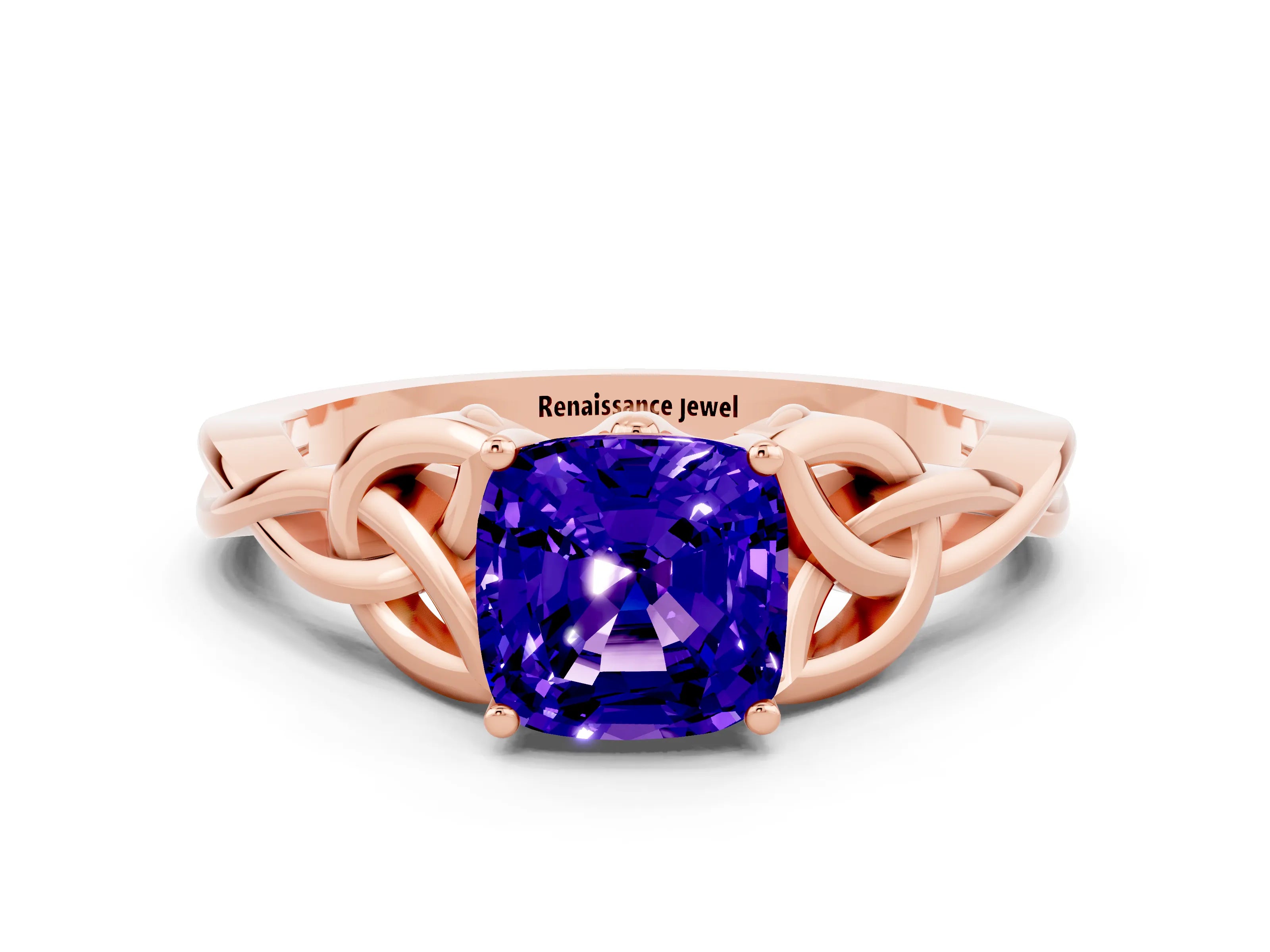 Rose gold Cushion Cut Tanzanite Solitaire Engagement Ring with Celtic Knot Band and Four-Prong Setting
