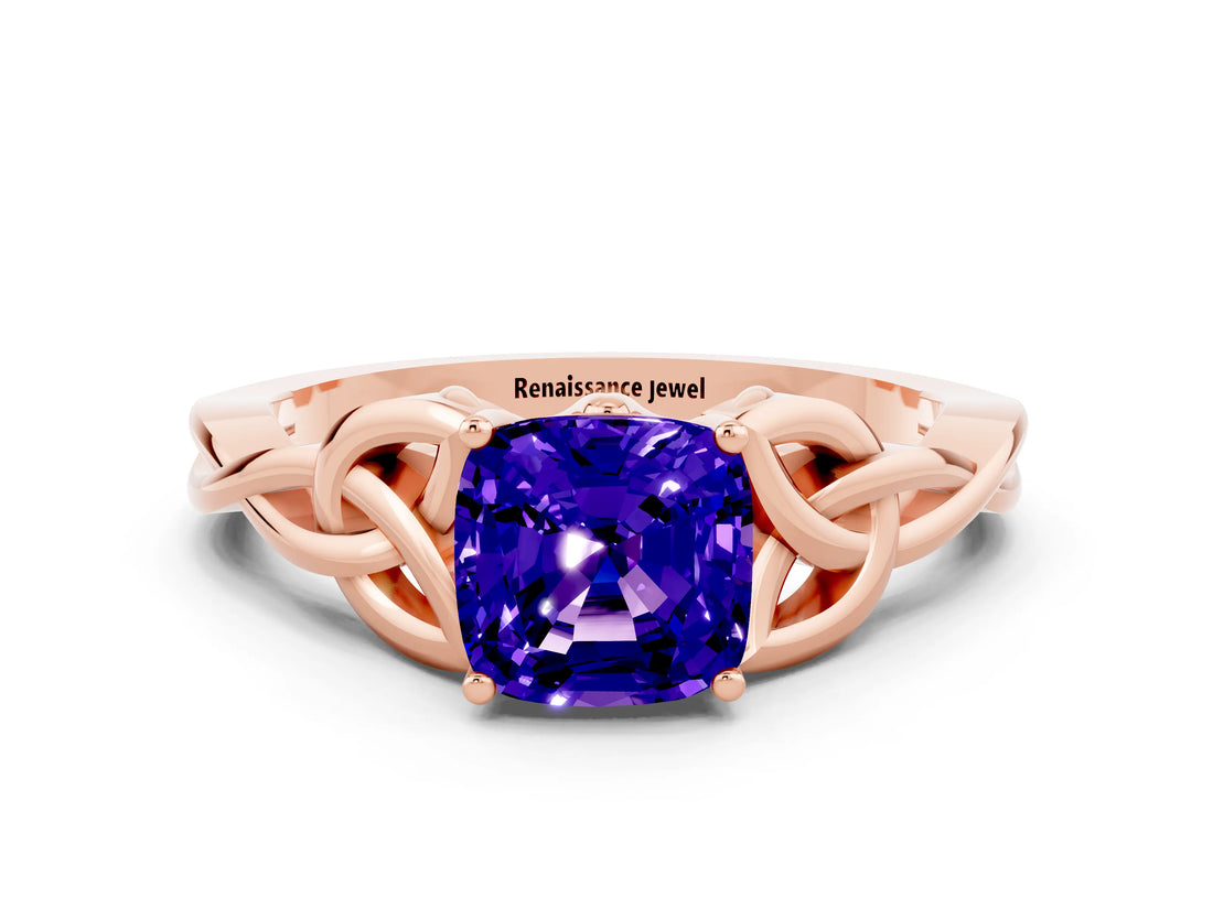Rose gold Cushion Cut Tanzanite Solitaire Engagement Ring with Celtic Knot Band and Four-Prong Setting
