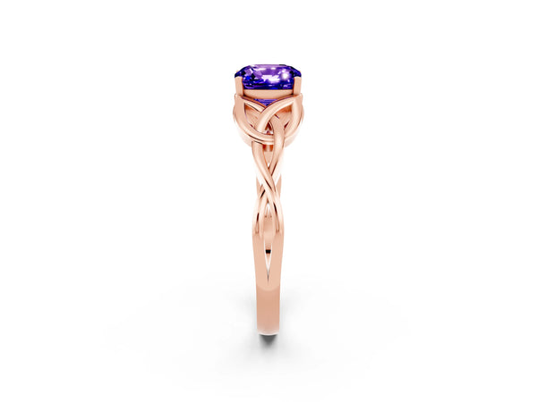 Rose gold Cushion Cut Tanzanite Solitaire Engagement Ring with Celtic Knot Band and Four-Prong Setting