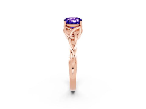 Rose gold Cushion Cut Tanzanite Solitaire Engagement Ring with Celtic Knot Band and Four-Prong Setting_2
