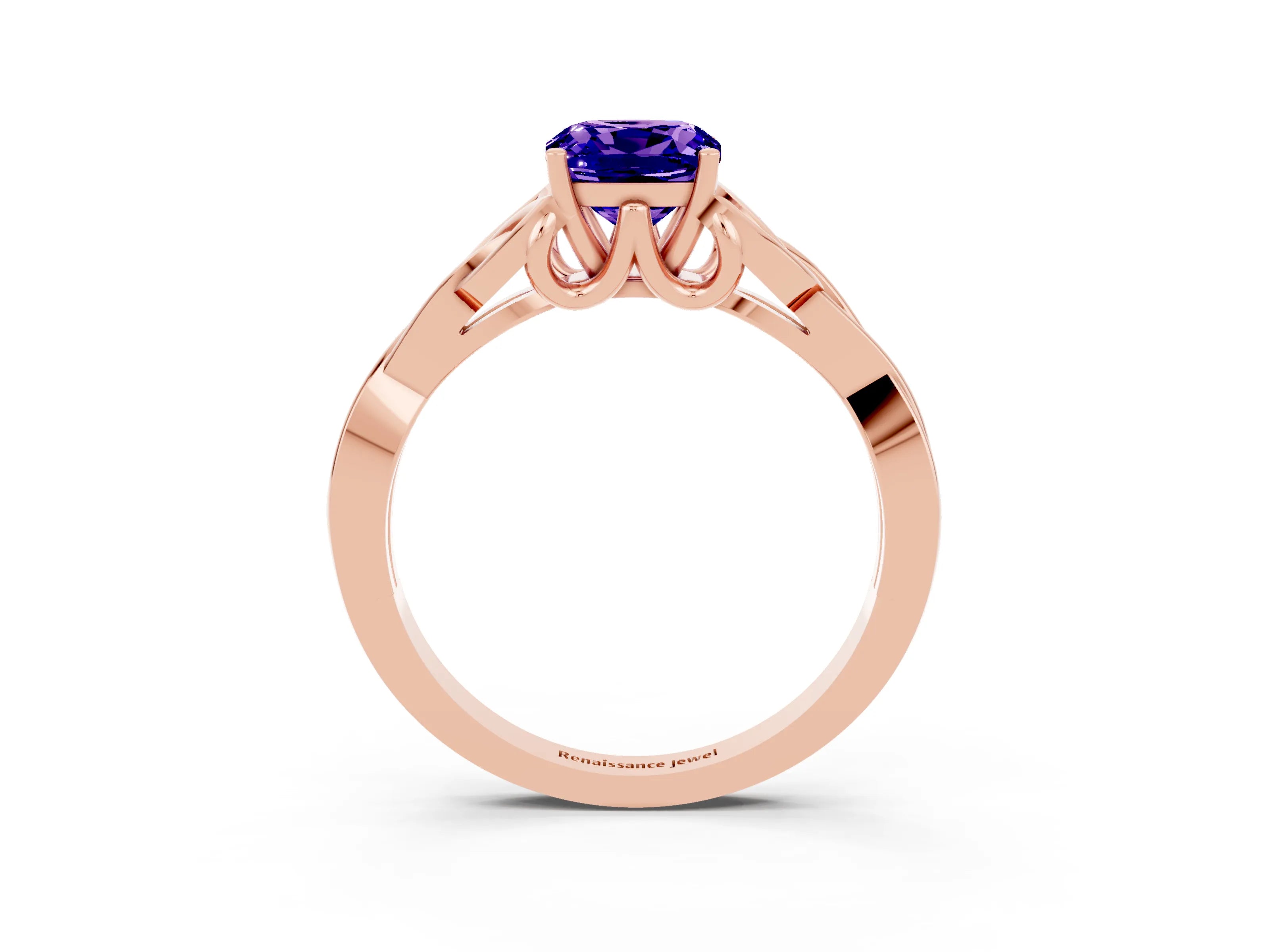 Rose gold Cushion Cut Tanzanite Solitaire Engagement Ring with Celtic Knot Band and Four-Prong Setting_3