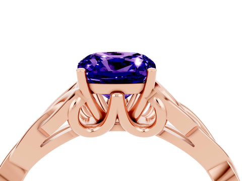 Rose gold Cushion Cut Tanzanite Solitaire Engagement Ring with Celtic Knot Band and Four-Prong Setting_4