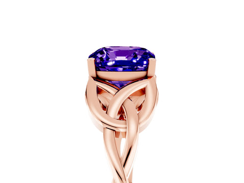Rose gold Cushion Cut Tanzanite Solitaire Engagement Ring with Celtic Knot Band and Four-Prong Setting_5