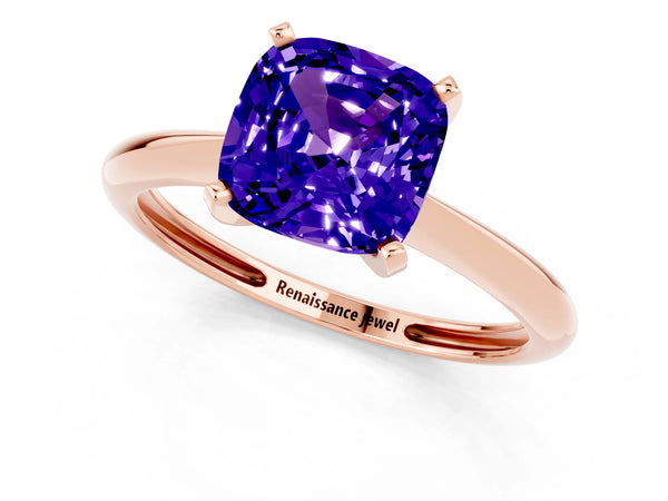 Rose gold Cushion Cut Tanzanite Solitaire Engagement Ring with Classic Band and Four-Prong Setting