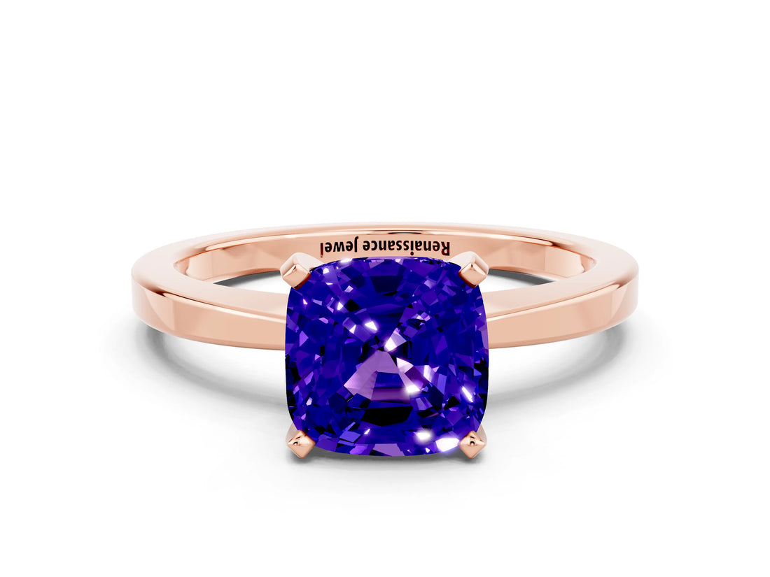 Rose gold Cushion Cut Tanzanite Solitaire Engagement Ring with Classic Band and Four-Prong Setting_24
