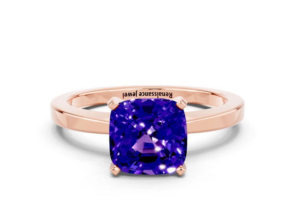 Rose gold Cushion Cut Tanzanite Solitaire Engagement Ring with Classic Band and Four-Prong Setting