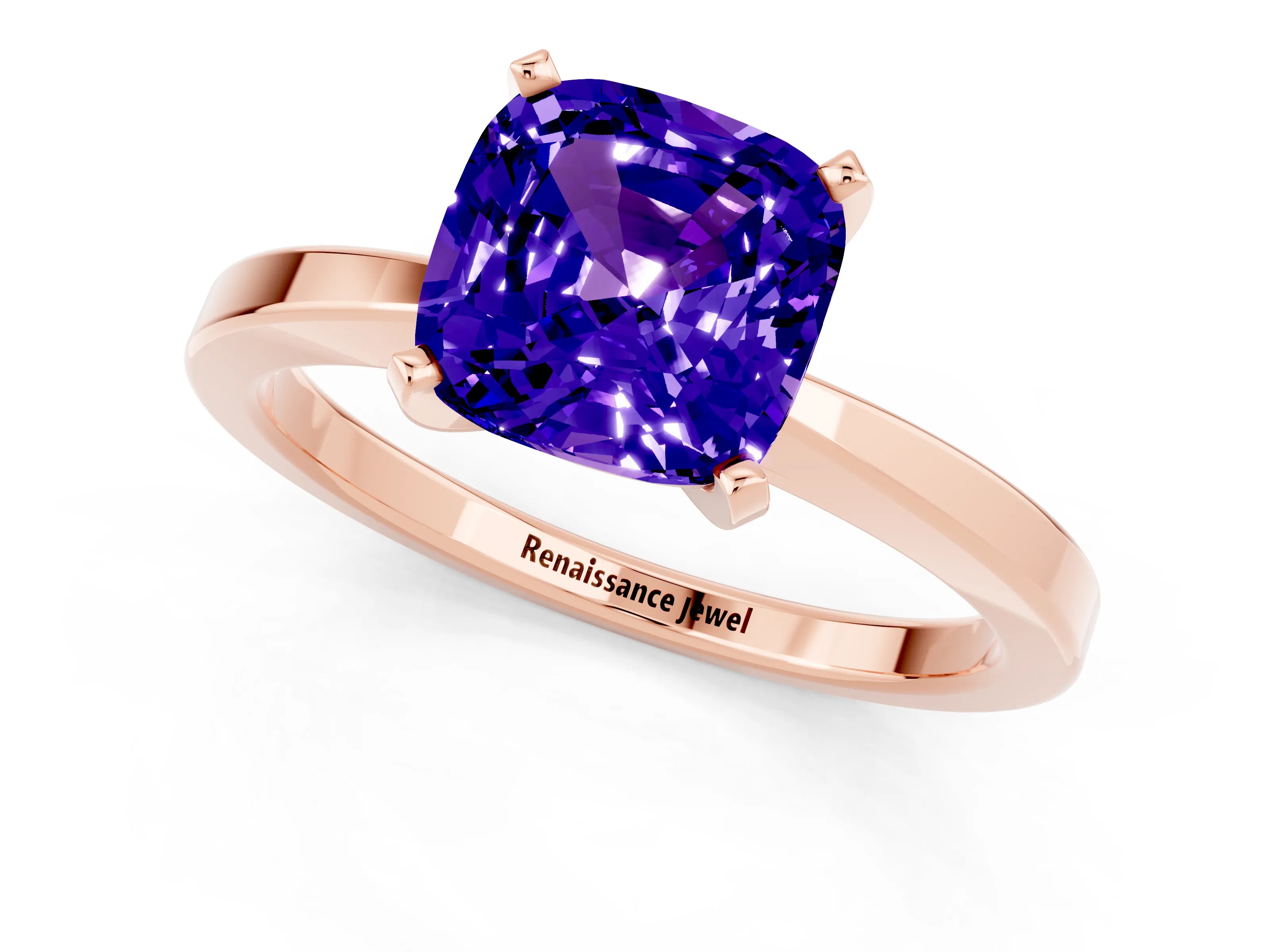 Rose gold Cushion Cut Tanzanite Solitaire Engagement Ring with Classic Band and Four-Prong Setting_25