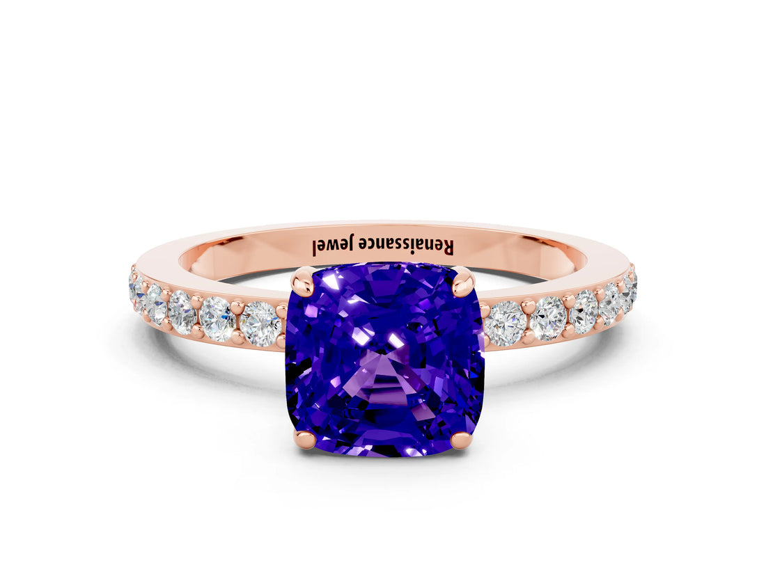 Rose gold Cushion Cut Tanzanite Solitaire Engagement Ring with Pavé Band and Four-Prong Setting