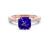 Rose gold Cushion Cut Tanzanite Solitaire Engagement Ring with Pavé Band and Four-Prong Setting