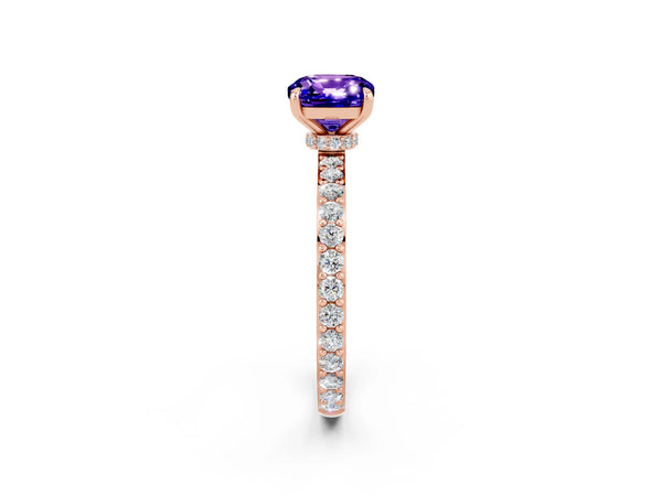 Rose gold Cushion Cut Tanzanite Solitaire Engagement Ring with Pavé Band and Four-Prong Setting