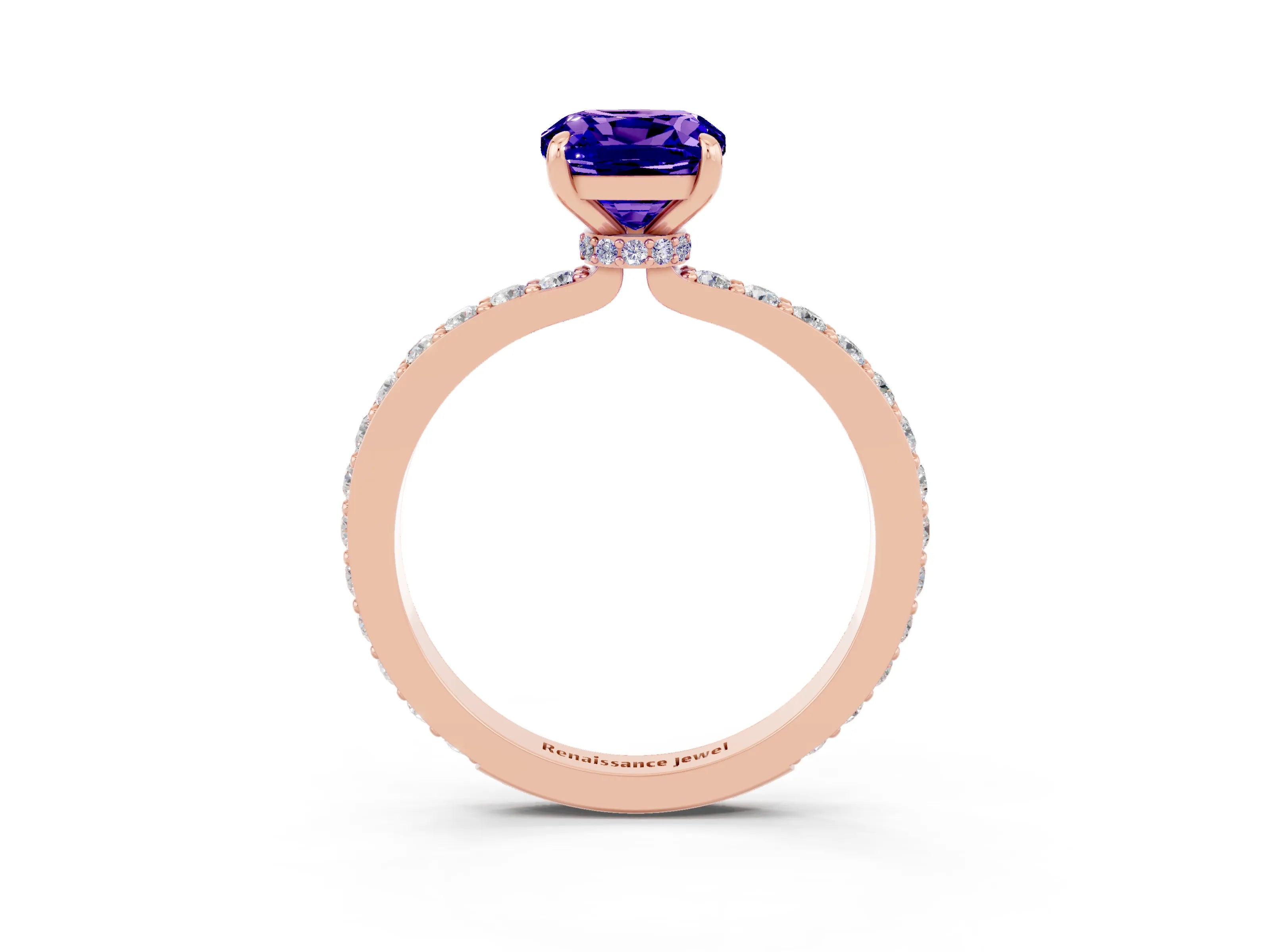 Rose gold Cushion Cut Tanzanite Solitaire Engagement Ring with Pavé Band and Four-Prong Setting_3