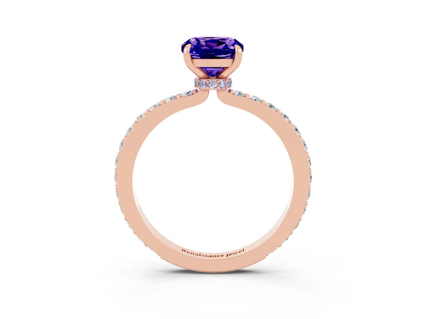 Rose gold Cushion Cut Tanzanite Solitaire Engagement Ring with Pavé Band and Four-Prong Setting