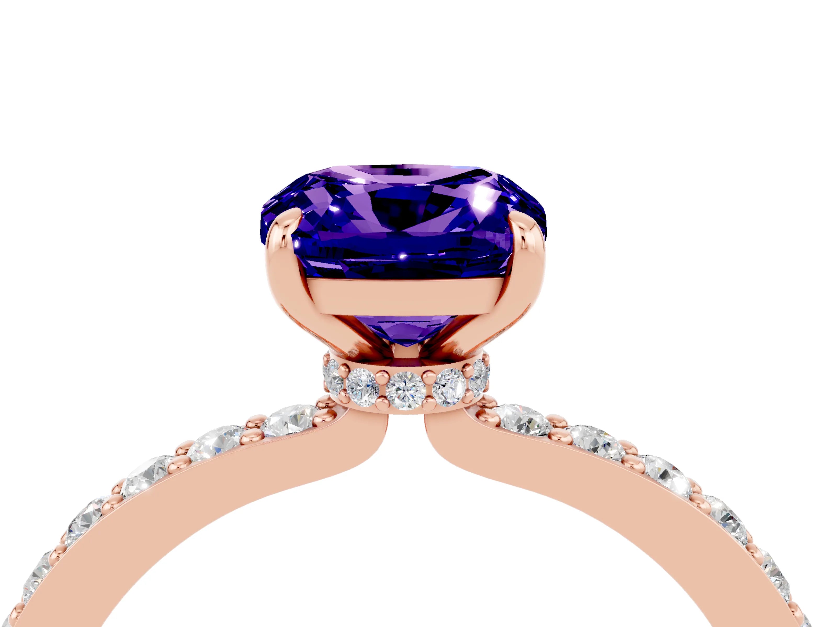 Rose gold Cushion Cut Tanzanite Solitaire Engagement Ring with Pavé Band and Four-Prong Setting_4
