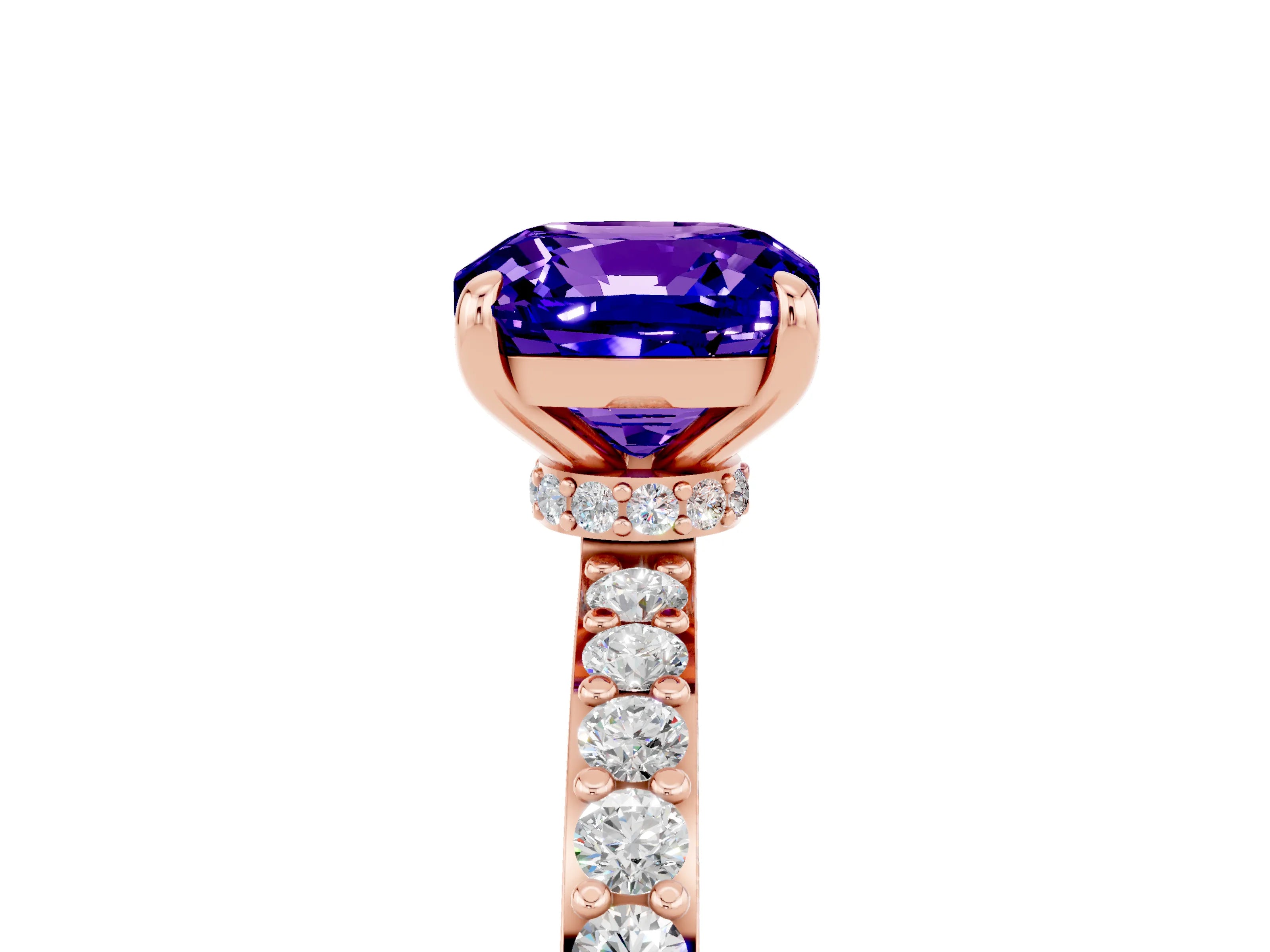 Rose gold Cushion Cut Tanzanite Solitaire Engagement Ring with Pavé Band and Four-Prong Setting_5