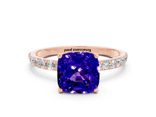 Rose gold Cushion Cut Tanzanite Solitaire Engagement Ring with Round  Pavé Band and Prong Setting