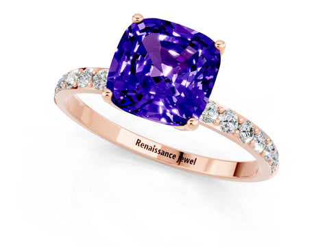 Rose gold Cushion Cut Tanzanite Solitaire Engagement Ring with Pavé Band and Prong Setting_1