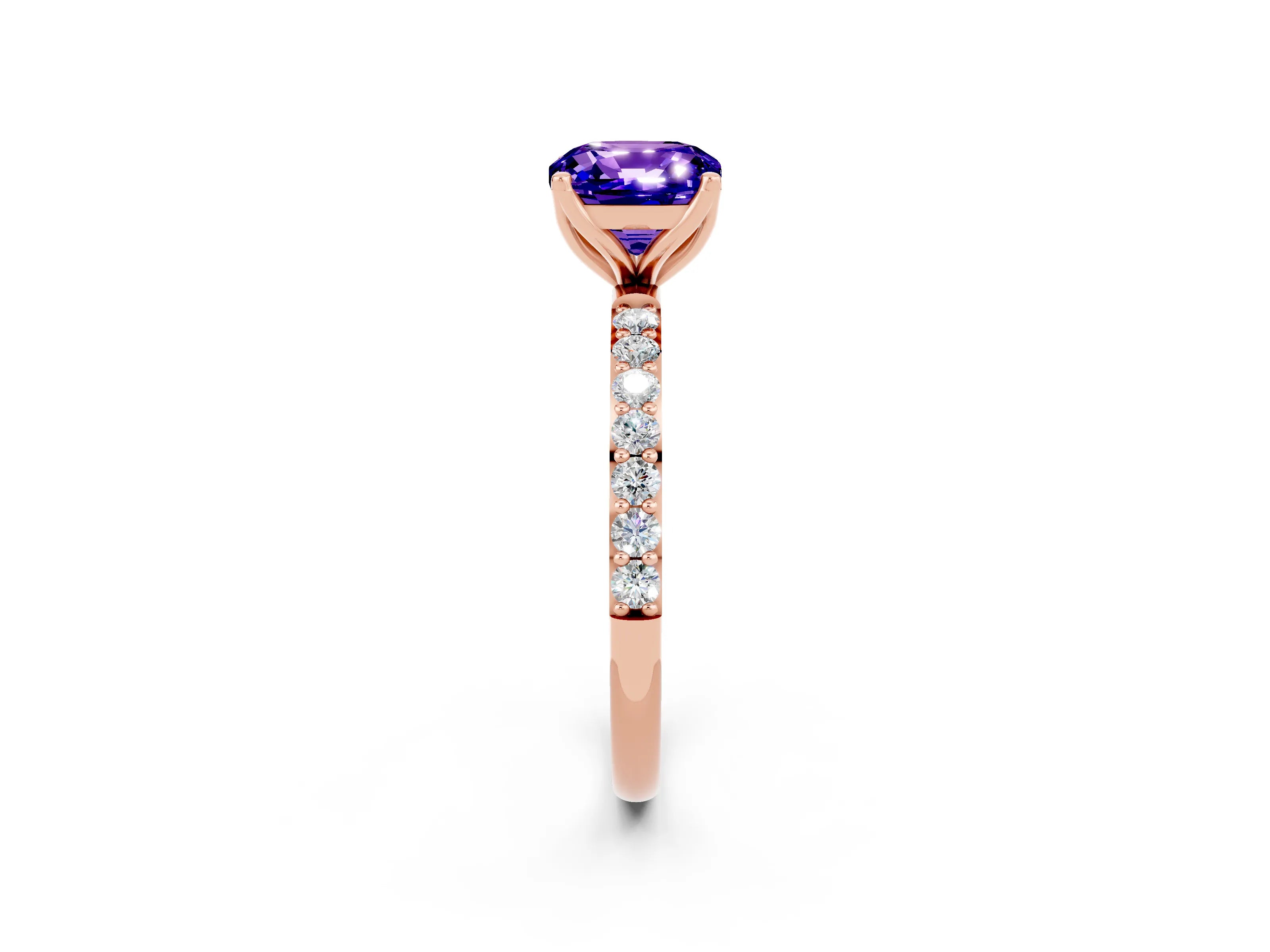 Rose gold Cushion Cut Tanzanite Solitaire Engagement Ring with Pavé Band and Prong Setting_2