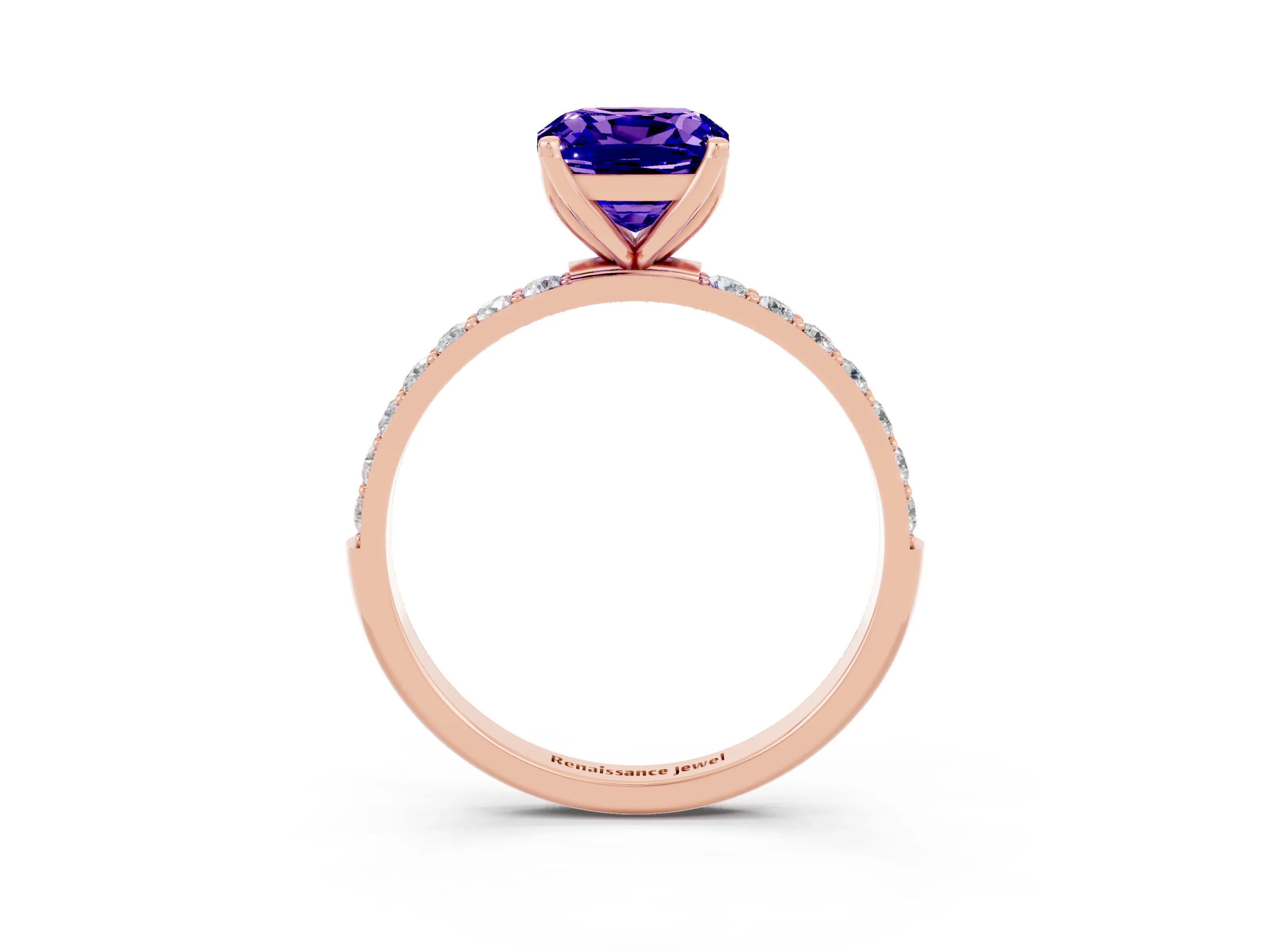 Rose gold Cushion Cut Tanzanite Solitaire Engagement Ring with Pavé Band and Prong Setting_3