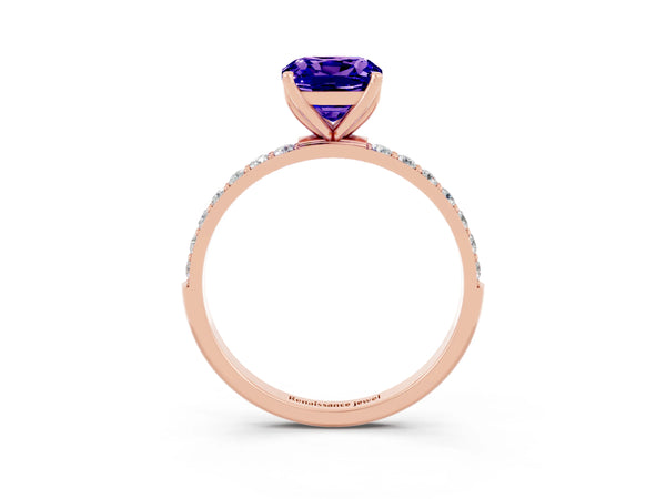Rose gold Cushion Cut Tanzanite Solitaire Engagement Ring with Round  Pavé Band and Prong Setting