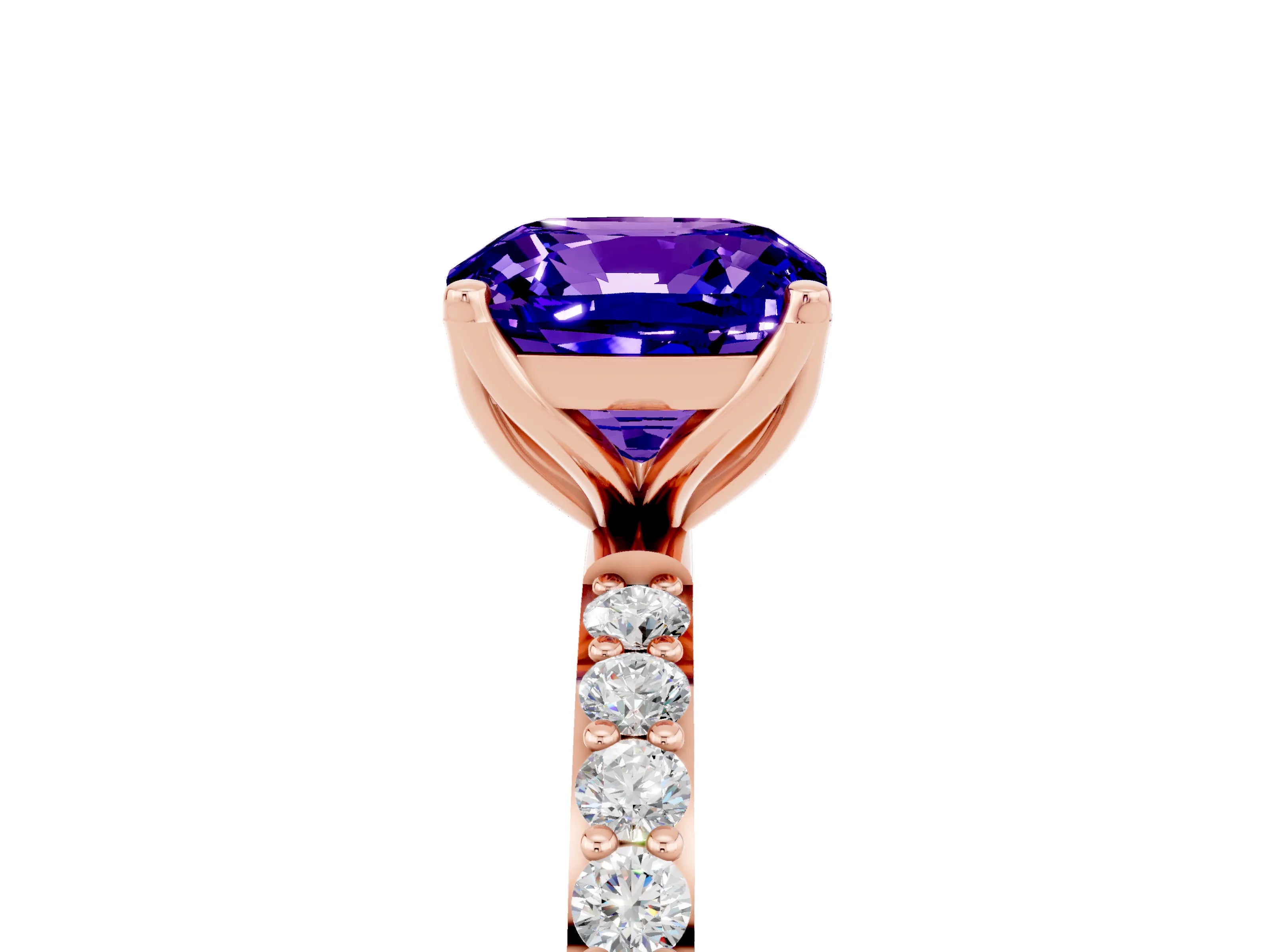 Rose gold Cushion Cut Tanzanite Solitaire Engagement Ring with Pavé Band and Prong Setting_5