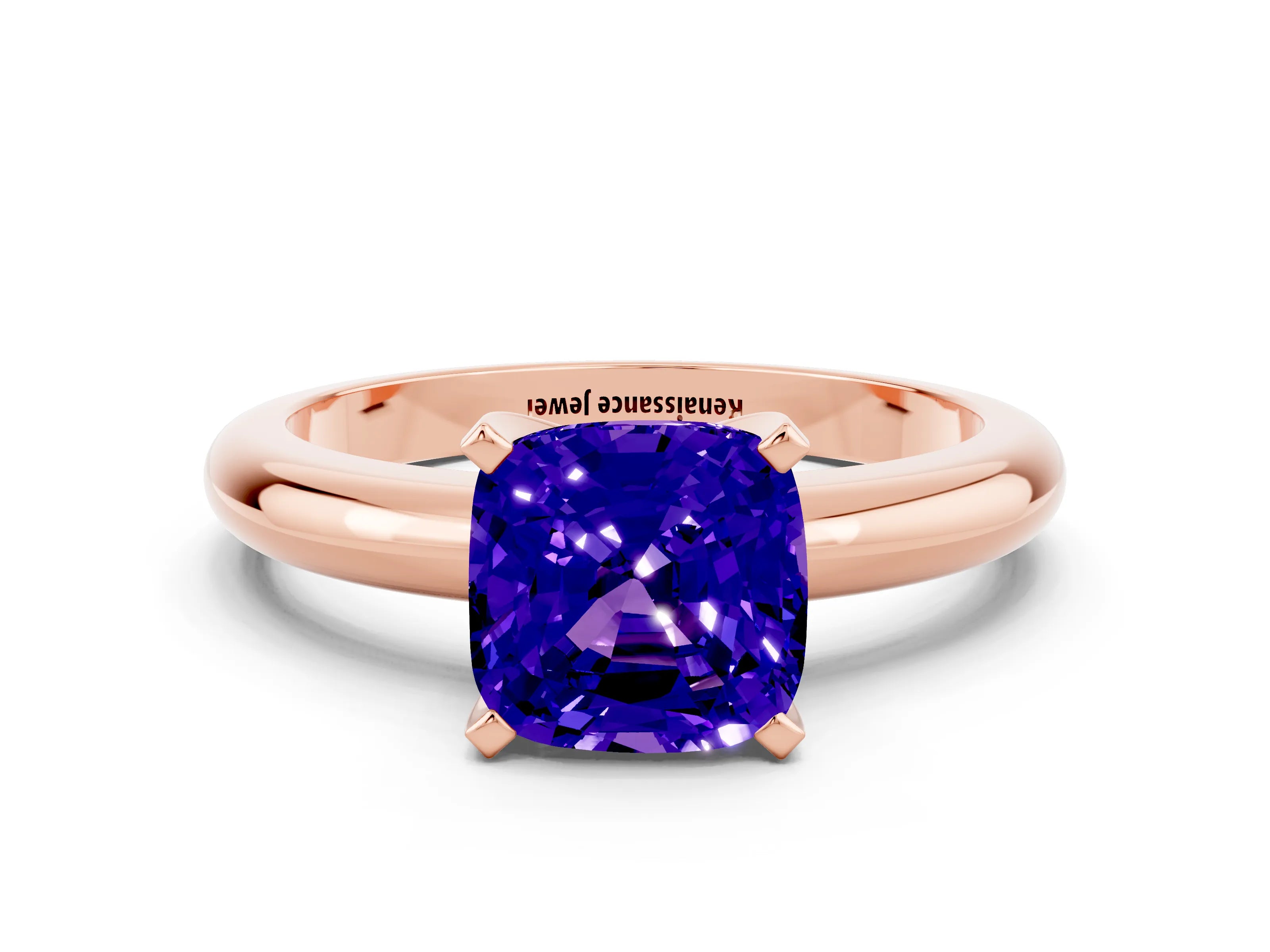 Rose gold Cushion Cut Tanzanite Solitaire Engagement Ring with Round Band and Four-Prong Setting