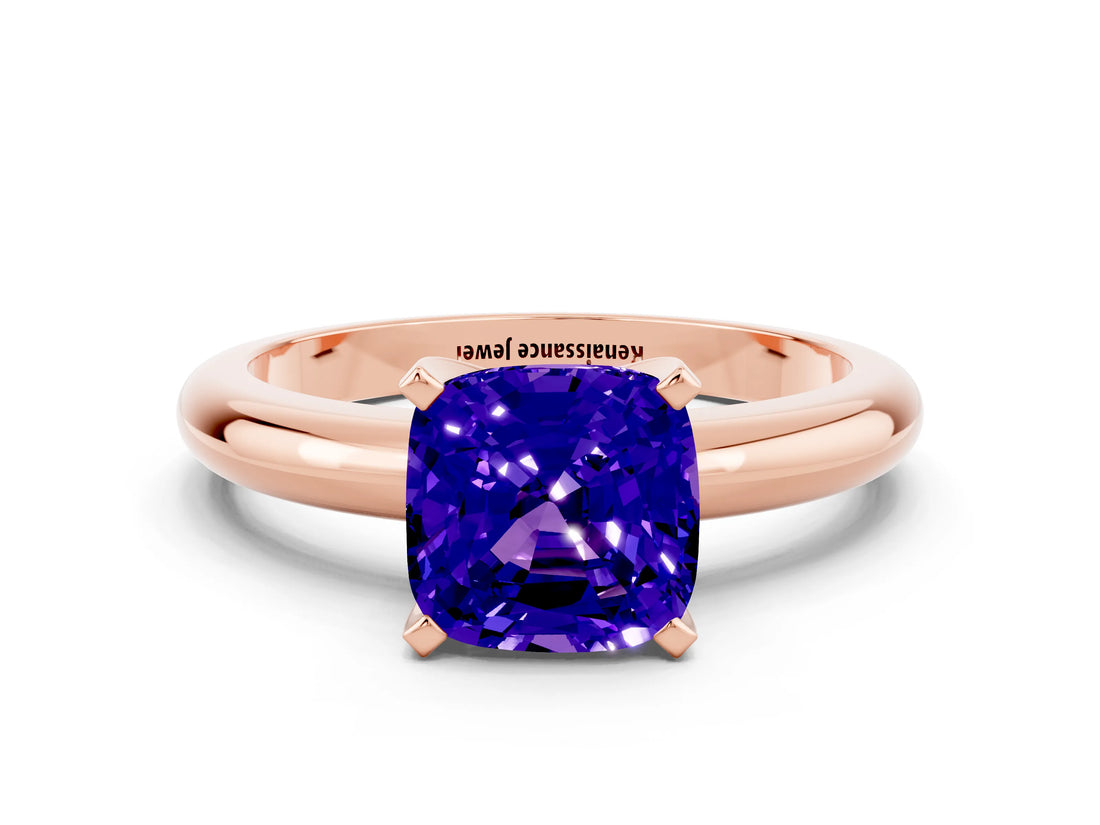 Rose gold Cushion Cut Tanzanite Solitaire Engagement Ring with Round Band and Four-Prong Setting