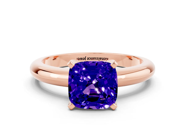 Rose gold Cushion Cut Tanzanite Solitaire Engagement Ring with Round Band and Four-Prong Setting