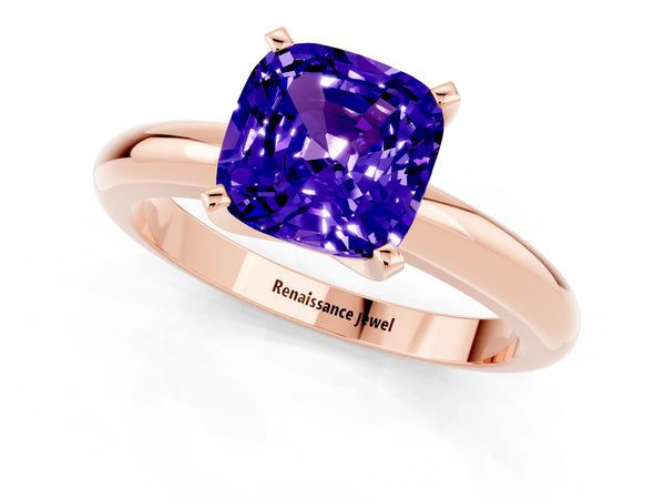 Rose gold Cushion Cut Tanzanite Solitaire Engagement Ring with Round Band and Four-Prong Setting