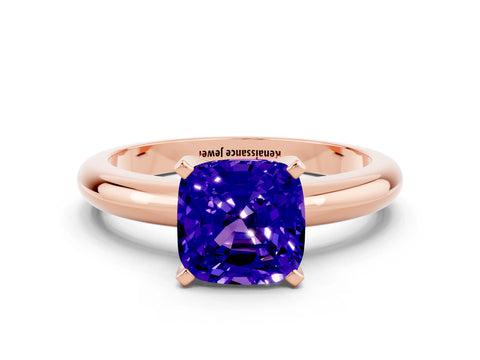 Rose gold Cushion Cut Tanzanite Solitaire Engagement Ring with Round Band and Four-Prong Setting