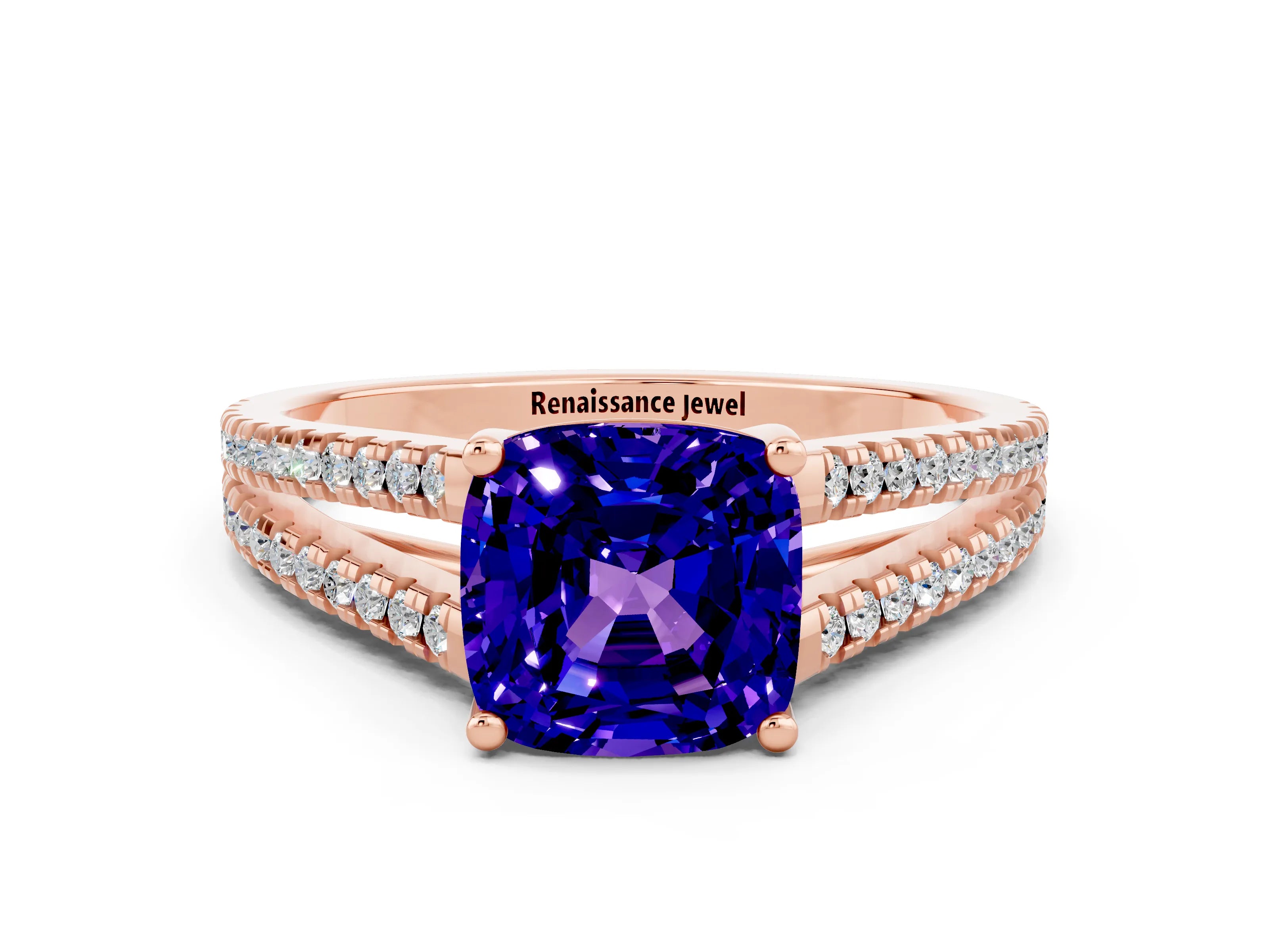 Rose gold Cushion Cut Tanzanite Solitaire Engagement Ring with Split Shank Pavé Band