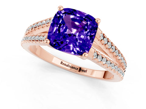 Rose gold Cushion Cut Tanzanite Solitaire Engagement Ring with Split Shank Pavé Band_1