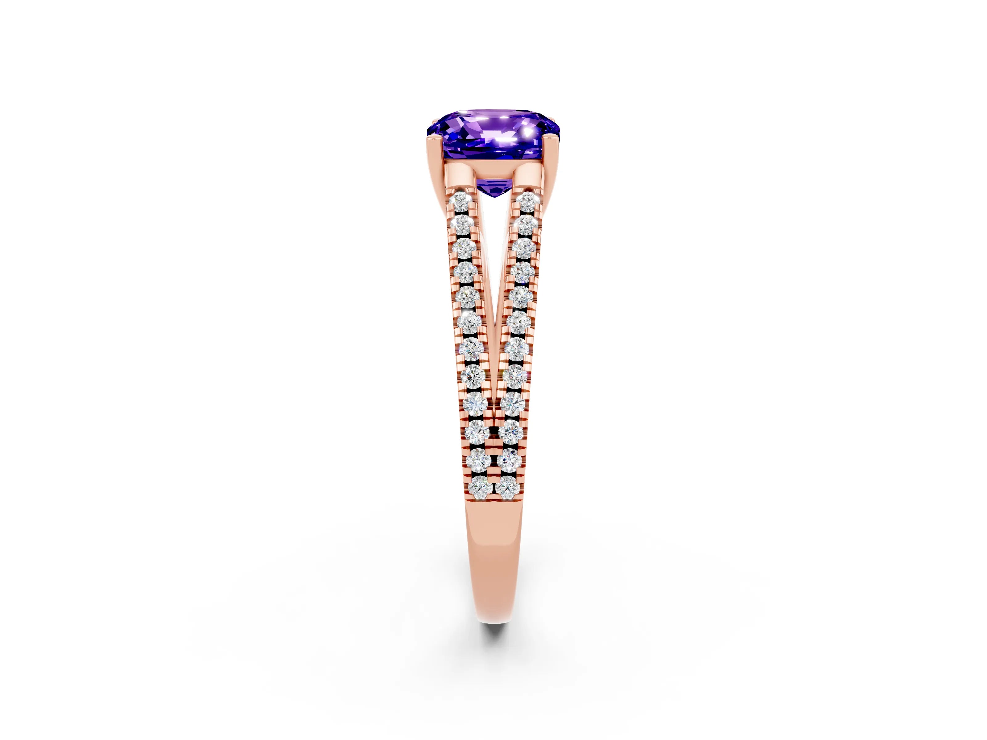 Rose gold Cushion Cut Tanzanite Solitaire Engagement Ring with Split Shank Pavé Band_2