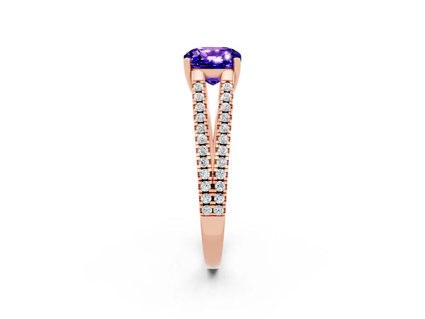 Rose gold Cushion Cut Tanzanite Solitaire Engagement Ring with Split Shank Pavé Band