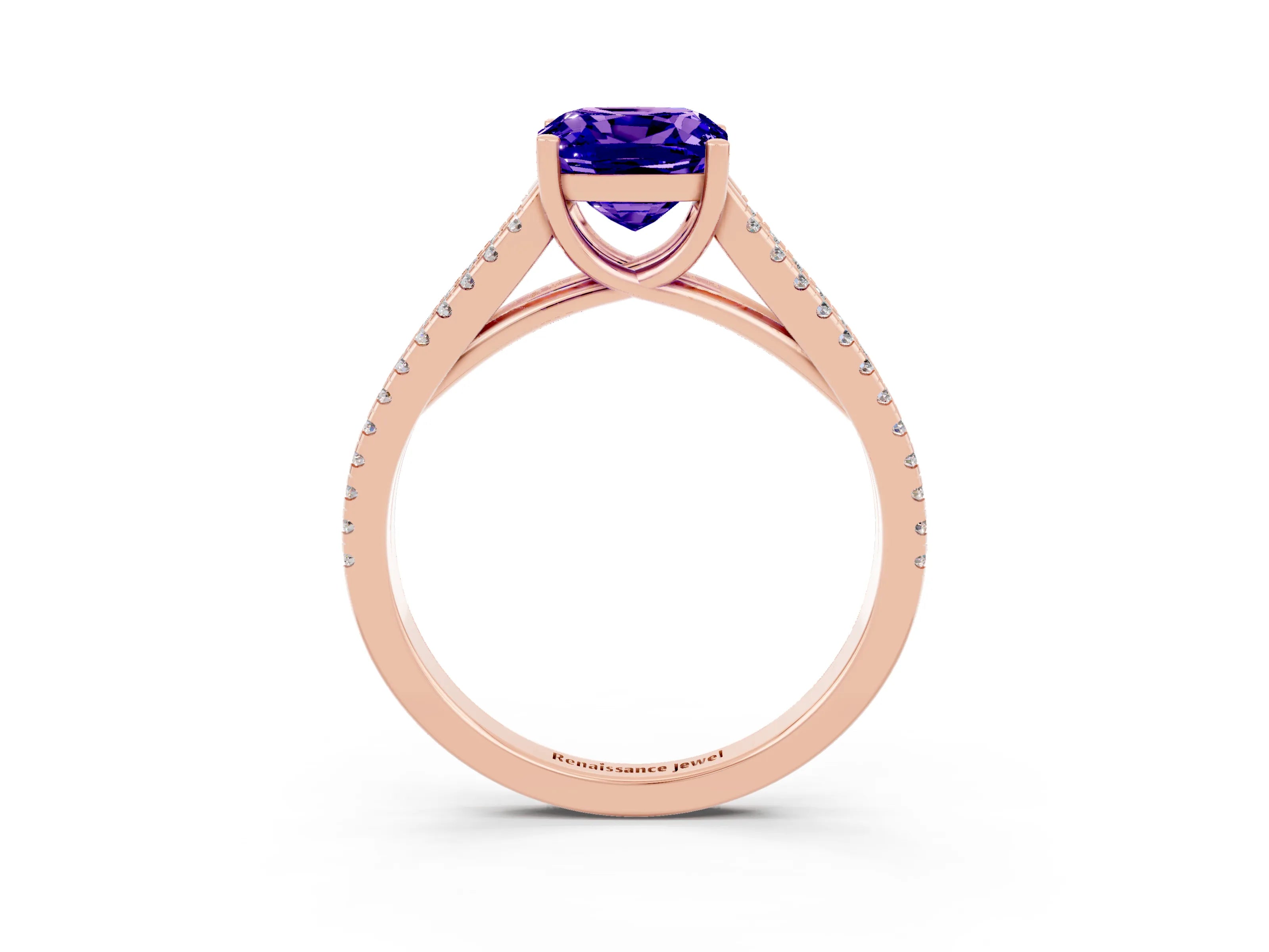 Rose gold Cushion Cut Tanzanite Solitaire Engagement Ring with Split Shank Pavé Band_3