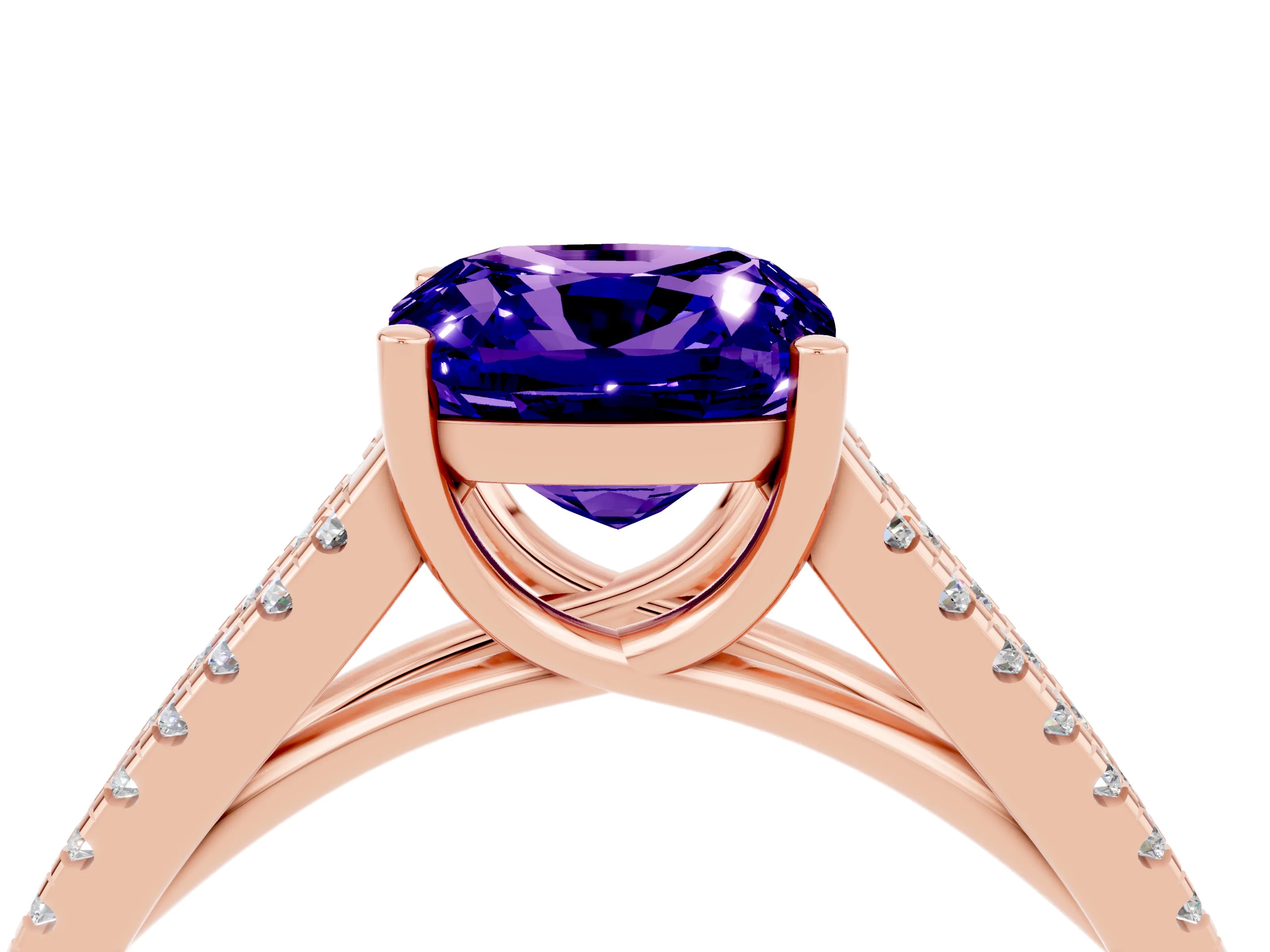 Rose gold Cushion Cut Tanzanite Solitaire Engagement Ring with Split Shank Pavé Band_4