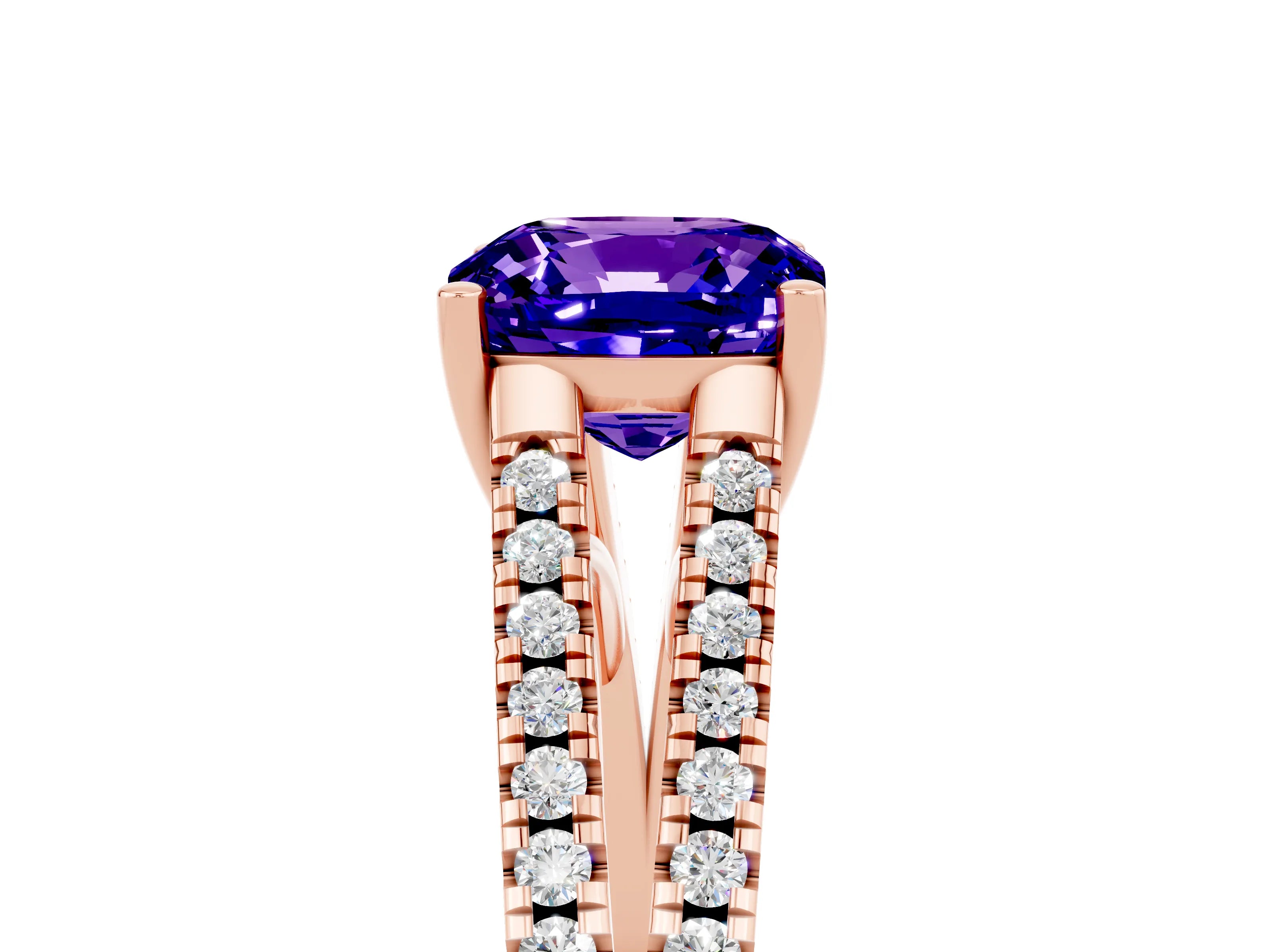 Rose gold Cushion Cut Tanzanite Solitaire Engagement Ring with Split Shank Pavé Band_5