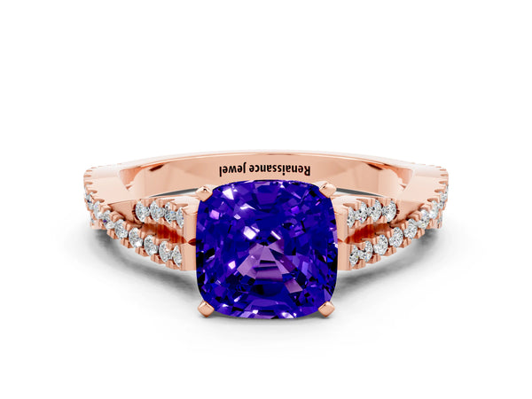 Rose gold Cushion Cut Tanzanite Solitaire Engagement Ring with Twisted Pavé Band and Four-Prong Setting
