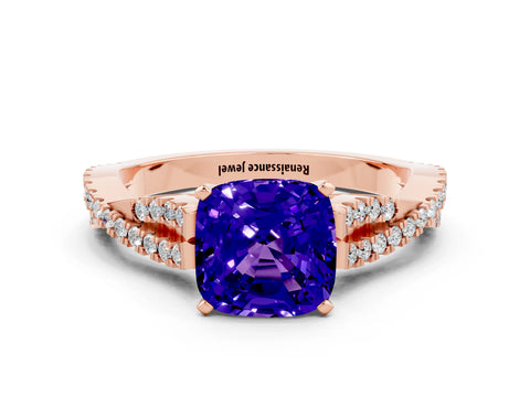 Rose gold Cushion Cut Tanzanite Solitaire Engagement Ring with Twisted Pavé Band and Four-Prong Setting_12