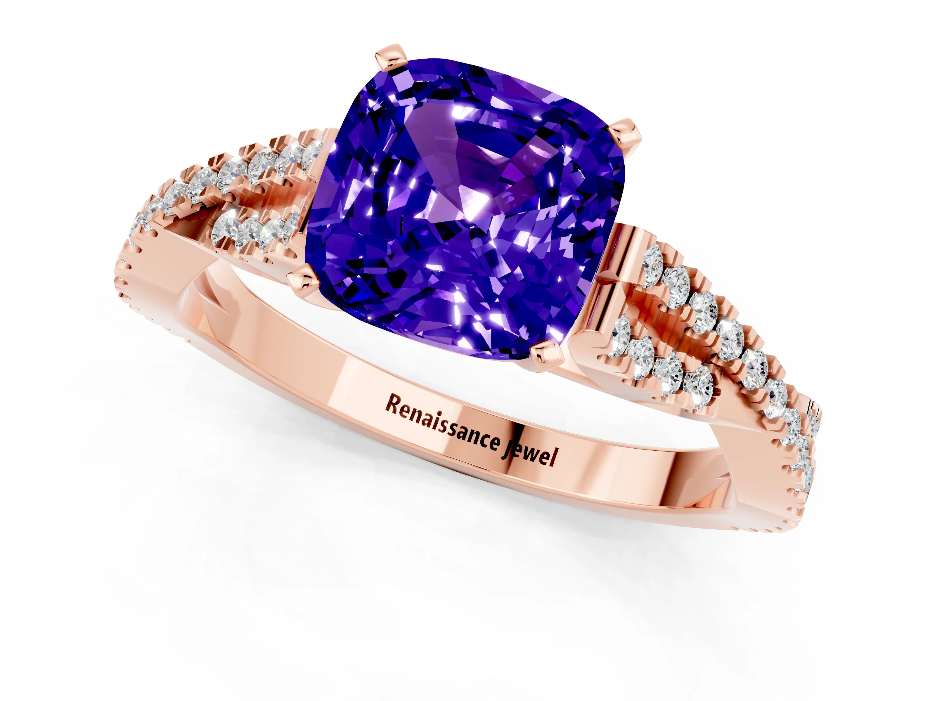 Rose gold Cushion Cut Tanzanite Solitaire Engagement Ring with Twisted Pavé Band and Four-Prong Setting_13