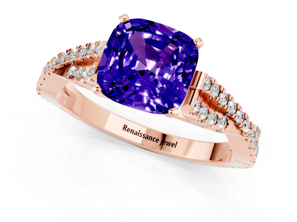 Rose gold Cushion Cut Tanzanite Solitaire Engagement Ring with Twisted Pavé Band and Four-Prong Setting