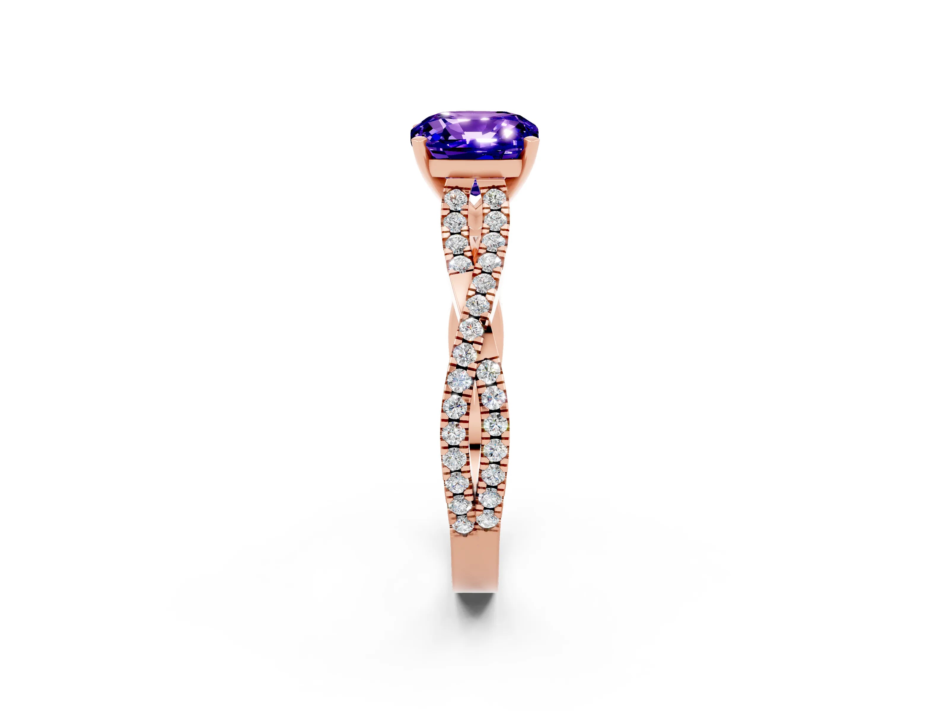 Rose gold Cushion Cut Tanzanite Solitaire Engagement Ring with Twisted Pavé Band and Four-Prong Setting_14