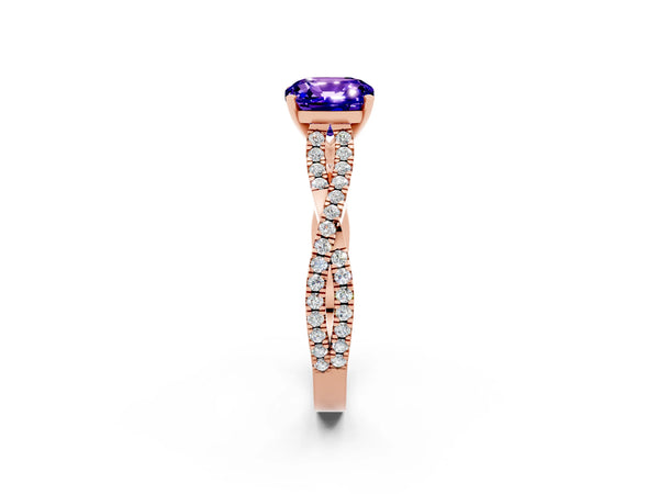 Rose gold Cushion Cut Tanzanite Solitaire Engagement Ring with Twisted Pavé Band and Four-Prong Setting